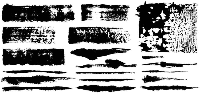 Collection of artistic grungy black paint hand made creative brush stroke set isolated on white background.