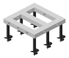 Monolithic reinforced concrete grillage on screw piles. Diagram of a strip foundation with formwork. Construction of building. Isometric view vector