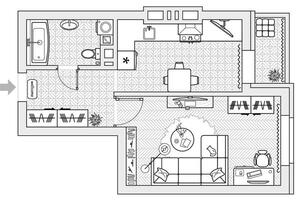 Apartment plan with furniture in top view. Layout of house standard set of icons for floor plan. Interior design elements for architectural plan vector