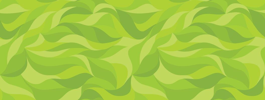 Green grass stylized cartoon background. Curly waves tracery, curved lines. Green leaf, seamless texture, abstract petals pattern. Wallpapers for printing on paper or fabric.