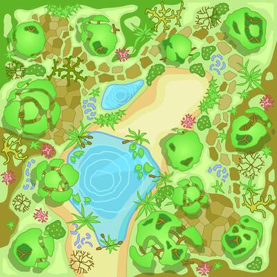 Site improvement landscape and tourist camp in the forest. Top view. Pond, stones, trees, plants, lake, beach. View from above. Terrain design