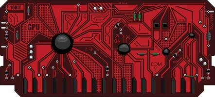 The computing module circuit board. Red graphics card. Printed computer motherboard with microcircuit. Electronic background vector
