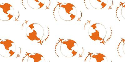 Seamless Airplane Around The World Map in Orange Style vector