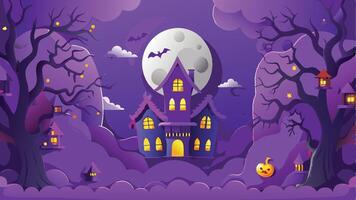 Print Haunted House with Spooky Trees and Full Moon Halloween Background Illustration Design vector