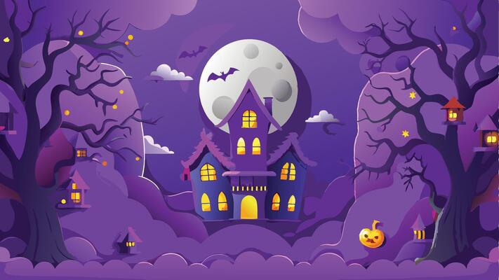 Print Haunted House with Spooky Trees and Full Moon Halloween Background Illustration Design