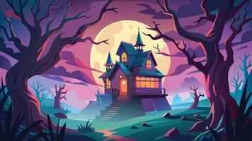 Print Spooky Haunted House with Creepy Trees and Full Moon Halloween Background Illustration vector