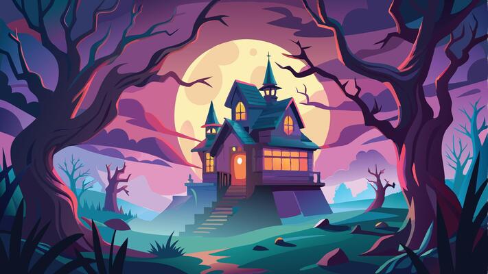 Print Spooky Haunted House with Creepy Trees and Full Moon Halloween Background Illustration