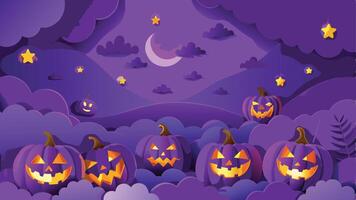 Print Pumpkin Patch with Glowing Jack o Lanterns Halloween Background Illustration of a Spooky Night Scene vector