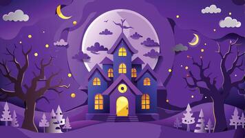 Print Haunted House with Spooky Trees and Full Moon Halloween Background Illustration in Dark Theme vector