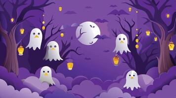 Print Ghosts Floating in a Mysterious Halloween Forest Background Illustration for Spooky Designs vector