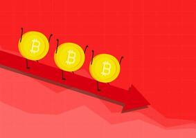 Bitcoin Currency Symbol with Red Arrow Down. Coin character design. Bitcoin depreciation. Falling Bitcoin prices. vector