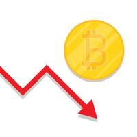 Bitcoin Currency Symbol with Red Arrow Down. Coin character design. Bitcoin depreciation. Falling Bitcoin prices. vector