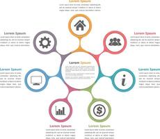 Circle diagram with seven elements with icons and text, flow chart template vector