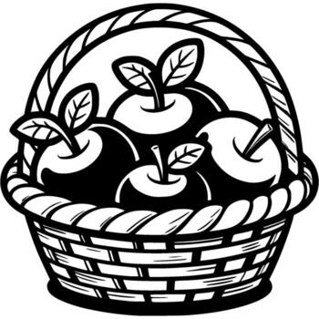 Apples from new harvest placed in wicker basket in monochrome. Simple minimalistic in black ink drawing on white background vector