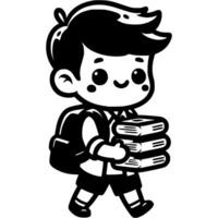 Boy primary school student carrying backpack and stack of books in monochrome. Simple minimalistic in black ink drawing on white background vector