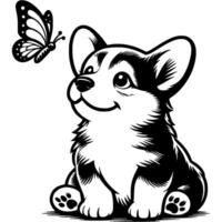 Corgi puppy watches a fluttering butterfly closely in monochrome. Simple minimalistic in black ink drawing on white background vector