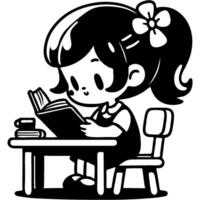 Primary school girl reading a book preparing for lessons in monochrome. Simple minimalistic in black ink drawing on white background vector