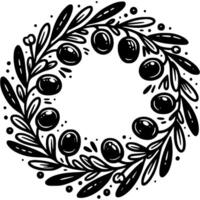 Olive wreath woven from olive branches and berries in monochrome. Simple minimalistic in black ink drawing on white background vector