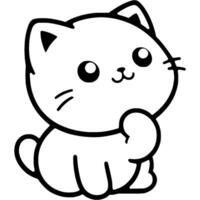 Small white kitten thought and held his chin with his paw in monochrome. Simple minimalistic in black ink drawing on white background vector