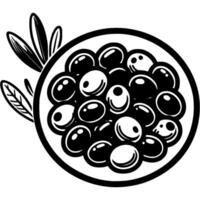 Plate of fresh light and dark olives in monochrome. Simple minimalistic in black ink drawing on white background vector