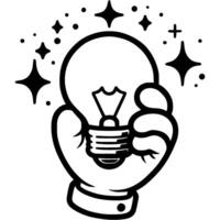 Hand holding used light bulb to be recycled in monochrome. Simple minimalistic in black ink drawing on white background vector