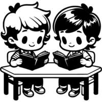 Children read books in library at one table in monochrome. Simple minimalistic in black ink drawing on white background vector