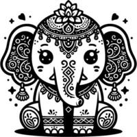 Seated baby elephant decorated with Indian ornaments and flowers in monochrome. Simple minimalistic in black ink drawing on white background vector