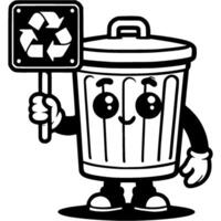 Trash can character holding recycling sign in hand in monochrome. Simple minimalistic in black ink drawing on white background vector