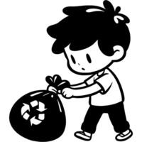Boy carries a bag of trash for recycling in monochrome. Simple minimalistic in black ink drawing on white background vector
