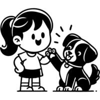 Dog gives five its paw to its owner hand in monochrome. Simple minimalistic in black ink drawing on white background vector