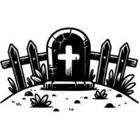 Tombstone on the hill of old cemetery in monochrome. Simple minimalistic in black ink drawing on white background vector