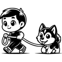 Owner boy leads a young husky puppy on a leash in monochrome. Simple minimalistic in black ink drawing on white background vector