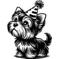 Yorkshire Terrier with a festive hat on his head looks up devotedly in monochrome. Simple minimalistic in black ink drawing on white background vector