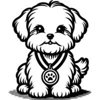 Maltese lapdog puppy with dog show winner medal worn around its neck in monochrome. Simple minimalistic in black ink drawing on white background vector