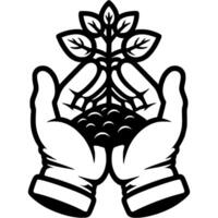 Caring hands of a volunteer hold pile of earth with a tree sprout in monochrome. Simple minimalistic in black ink drawing on white background vector