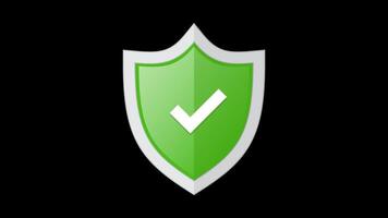 Green badge with shield and check mark animation. Right mark with protect shield. Shield with check mark. Motion graphic. Transparent background with alpha channel video