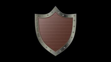 Wooden shield with steel frame animation. Medieval shield. Cartoon shield. UI award badge. Motion graphic. 4K animation. Transparent background with alpha channel video