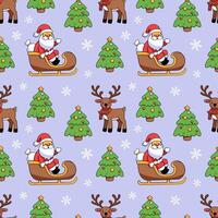 Seamless pattern with Santa Claus, deer, Christmas trees and snowflakes. Merry Xmas and Happy New Year background. Repeating print for fabric, wrapping paper, textile vector