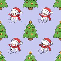 Pattern with snowmen and decorated Christmas trees. Merry Xmas and Happy New Year background. Repeating print for fabric, wrapping paper, textile vector
