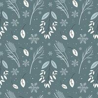 Repeating boho background with winter plants, snowflakes, flower and leaves. Seamless pattern with wintering nature, floral motif for New Year. Design for wrapping, card, flyer, template, print, paper vector