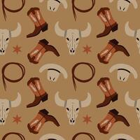 Hand drawn seamless pattern with cowboy wild west theme elements. Flat repeating background with cowboy hat, boots, sheriff badge, bull head, lasso whip. For textile, print, card, flyer, paper vector