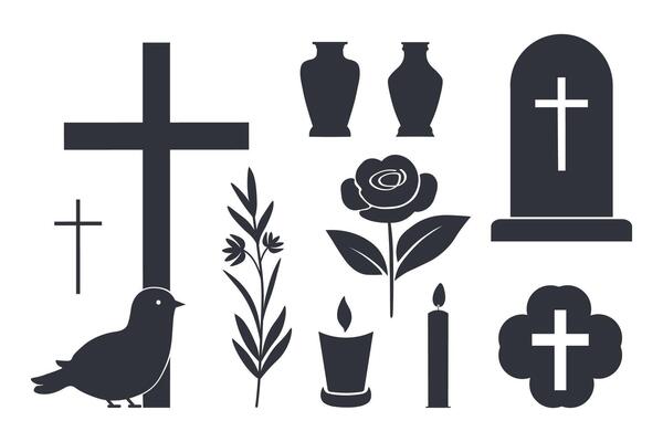 Funeral icons. Silhouette illustration with Cross, dove, flower, bird,urn for ashes and cremation, candles, tombstone, monument. Design elements for Morning wishes, condolence