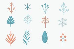 Set with Winter abstract plants, trees and snow in boho style. Hand drawn wintered illustration, floral motif. Design icons for cards, New Year, Xmas, print, paper, flyer, postcard, web vector