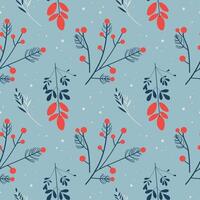 Repeating boho background with winter plants, snowflakes, flower and snow. Seamless pattern with wintering nature, floral motif for New Year. Design for wrapping, card, flyer, template, print, paper vector