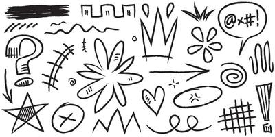 Doodle set of hand-drawn cartoony expression sign doodle, curve directional arrows, emoticon effects design elements, cartoon character emotion symbols, cute decorative brush stroke lines. vector