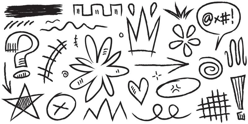 Doodle set of hand-drawn cartoony expression sign doodle, curve directional arrows, emoticon effects design elements, cartoon character emotion symbols, cute decorative brush stroke lines.