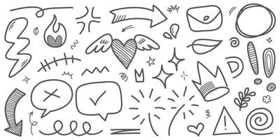 Doodle set of hand-drawn cartoony expression sign doodle, curve directional arrows, emoticon effects design elements, cartoon character emotion symbols, cute decorative brush stroke lines. vector