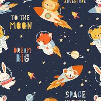 Seamless pattern on dark background with space theme. Cute animals flying in space on a rocket. Hare lion cub koala bear fox mouse. Prints in children's style vector