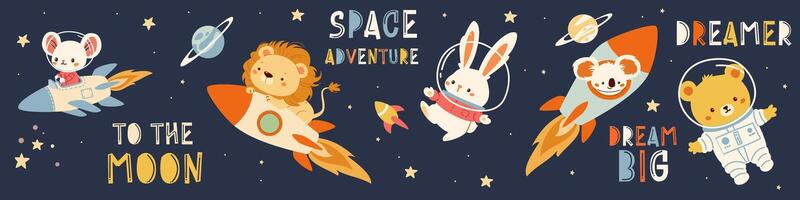 A collection of flat illustrations in children's style. Cute animals flying in spacesuits and on a rocket. Lion mouse bunny koala fox bear cub. A set of space-themed lettering and captions. vector