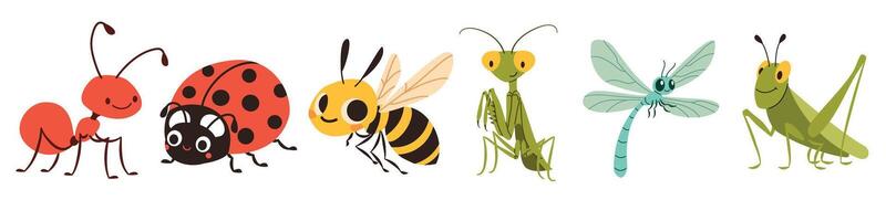 A set of flat illustrations in children's style. Cute mosquito caterpillar wasp ladybug mantis dragonfly grasshopper grasshopper ant vector